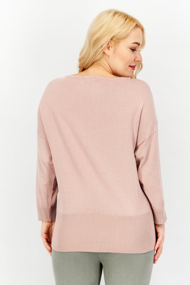 Women Round Neck Long Sleeve Plain Top, Fawn Pink