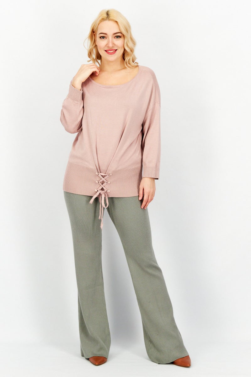 Women Round Neck Long Sleeve Plain Top, Fawn Pink