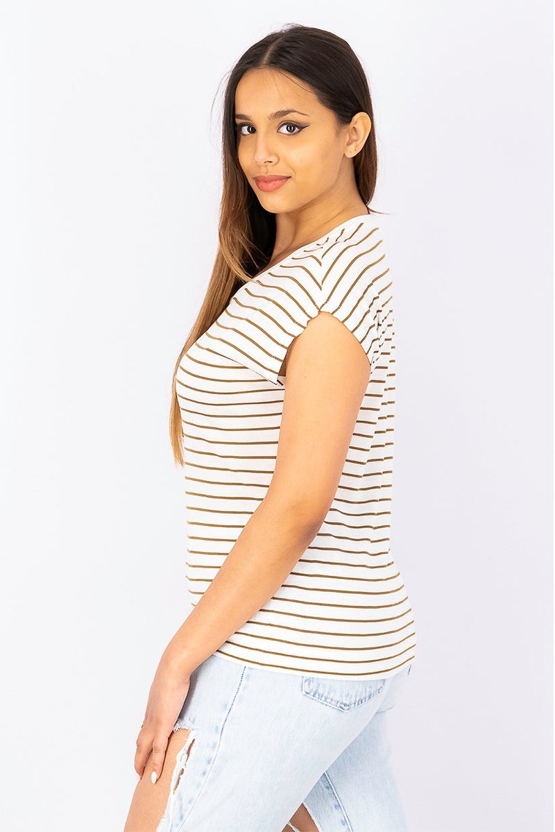 Women Round Neck Cap Sleeves Stripe Top, White and Brown