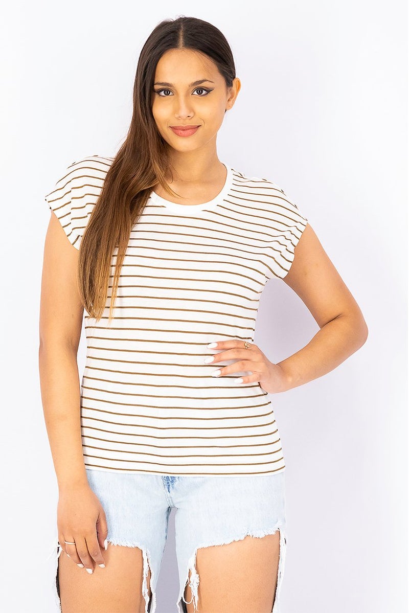 Women Round Neck Cap Sleeves Stripe Top, White and Brown