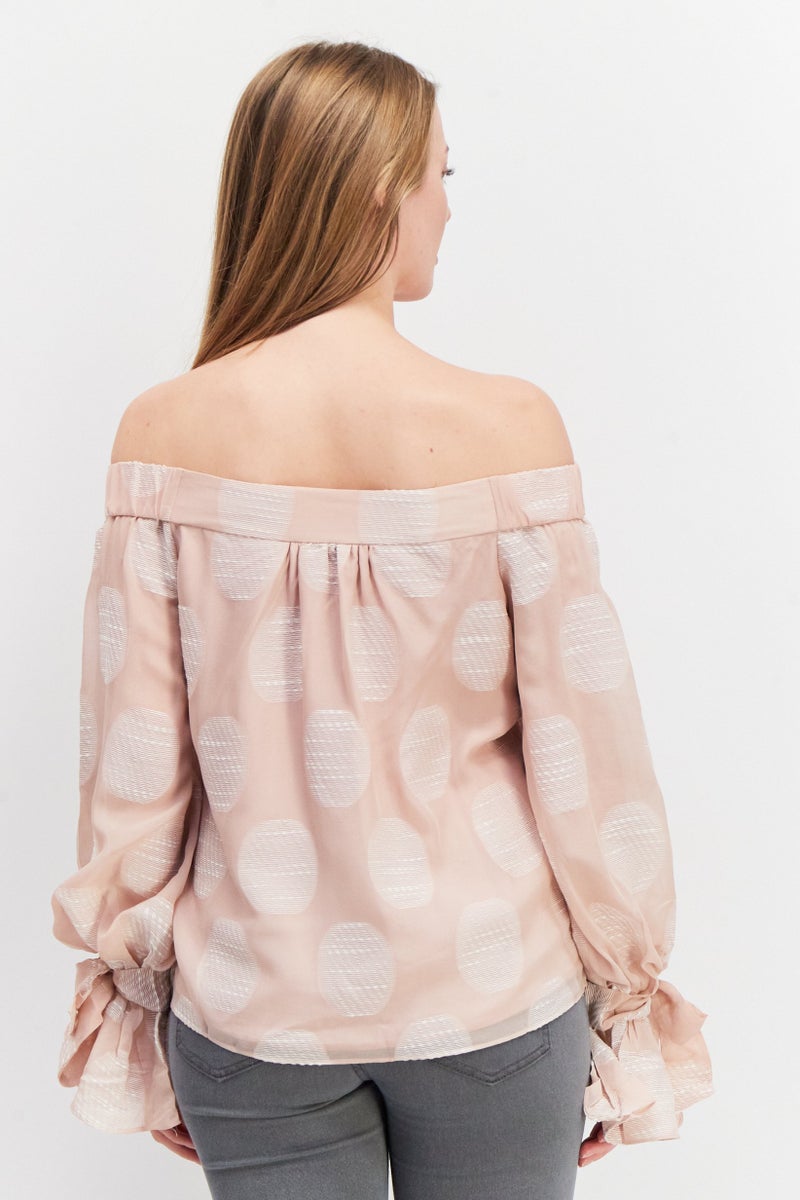 Women Off Shoulder Long Sleeve Embroidered Blouse, Old Rose