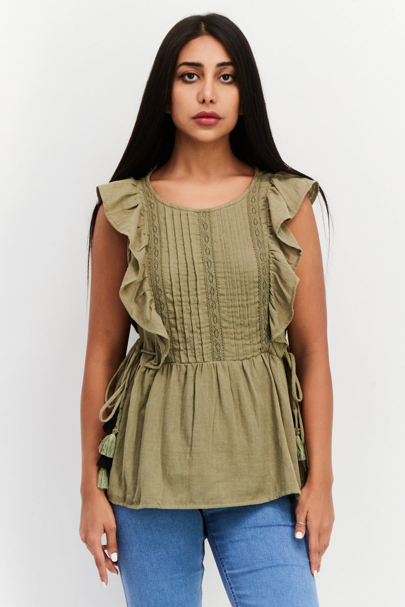 Women Round Neck Flutter Sleeve Textured Top, Olive