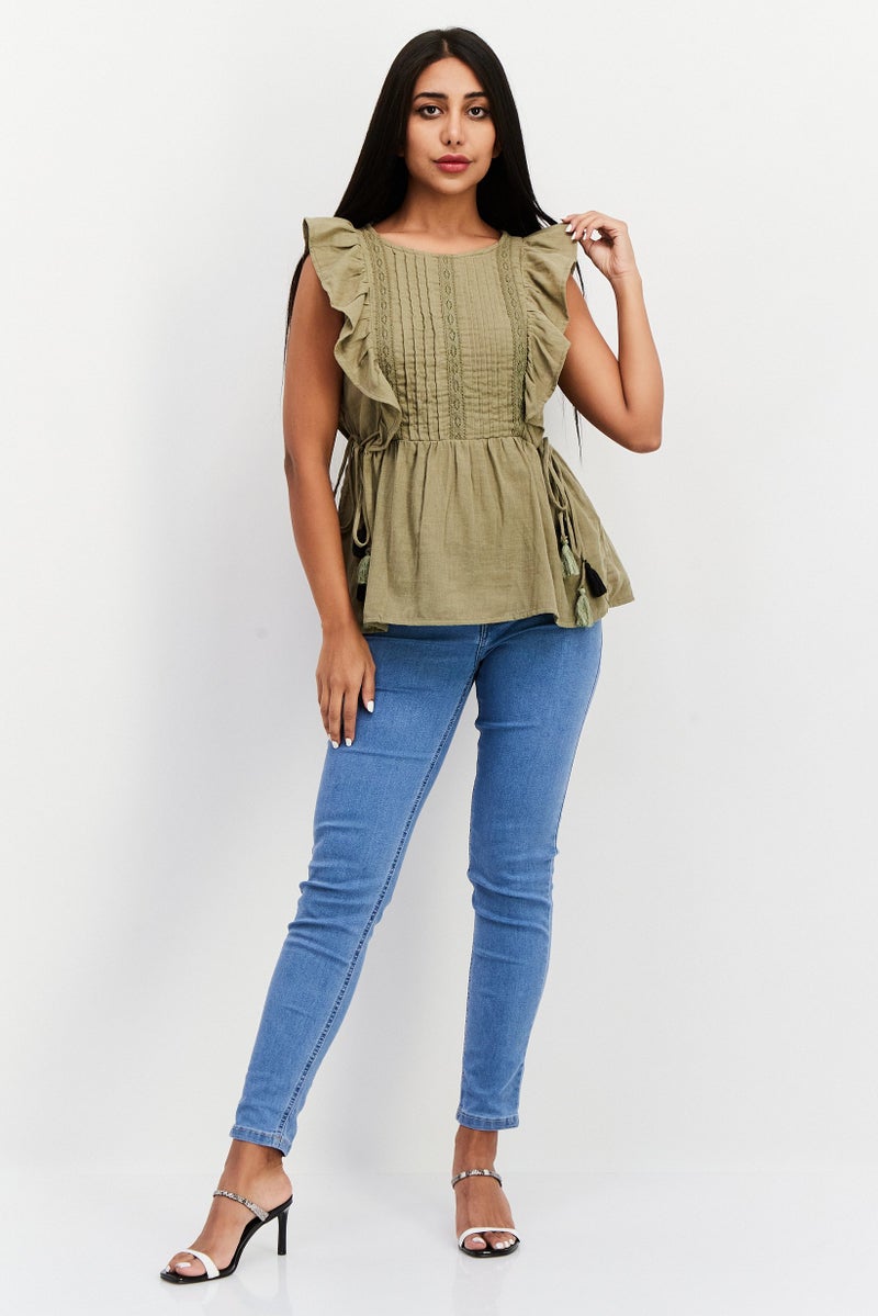 Women Round Neck Flutter Sleeve Textured Top, Olive