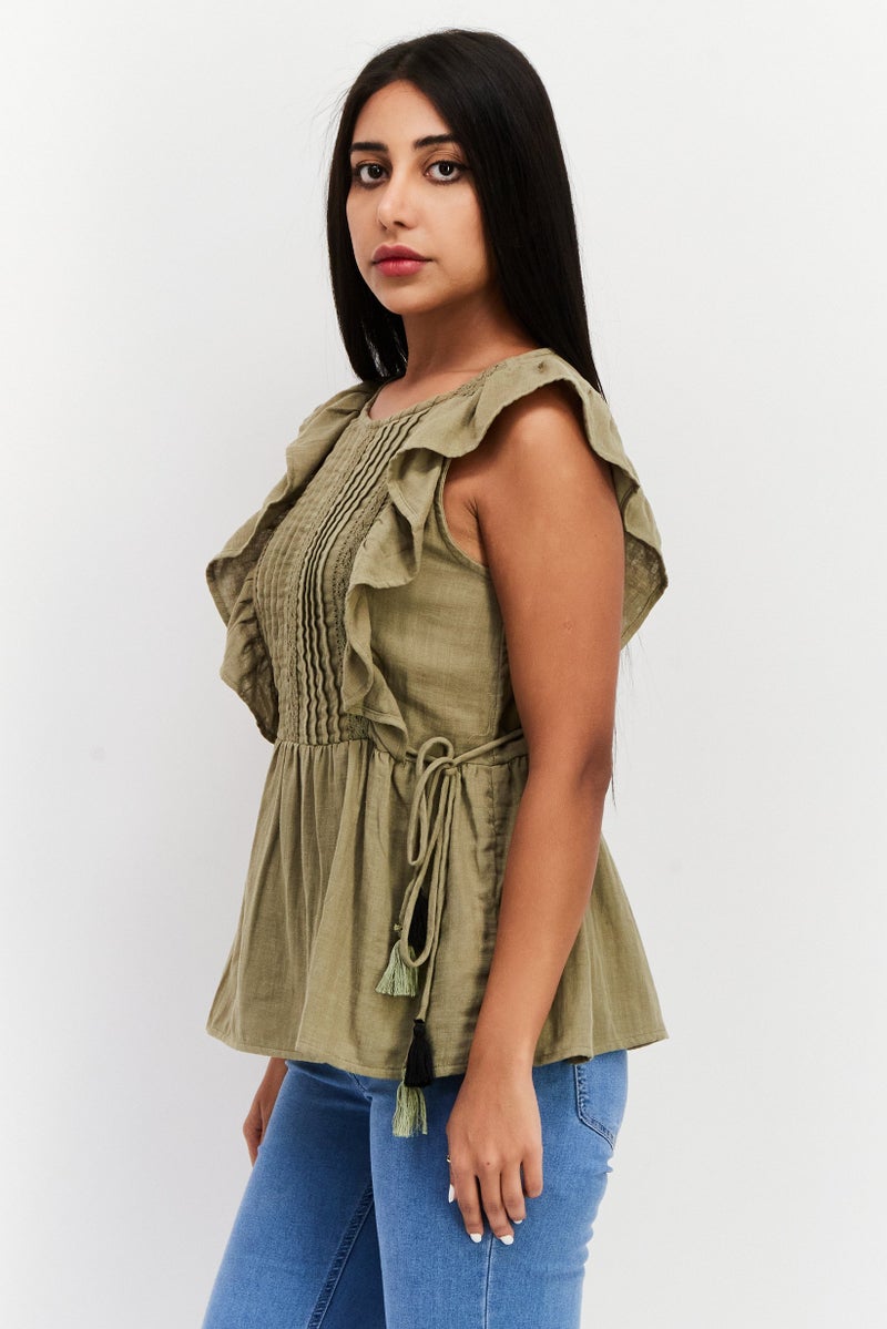 Women Round Neck Flutter Sleeve Textured Top, Olive