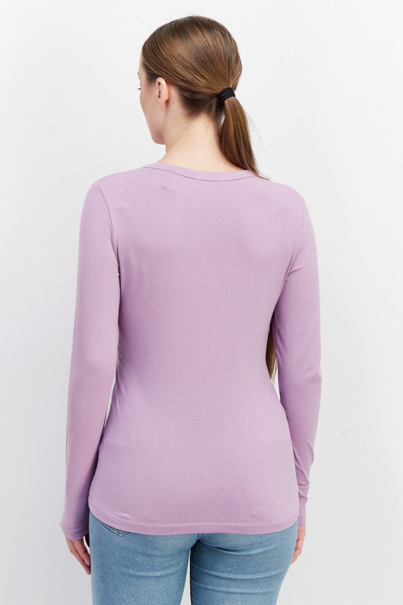 Women  V-Neck Long Sleeve Plain Blouse, Purple