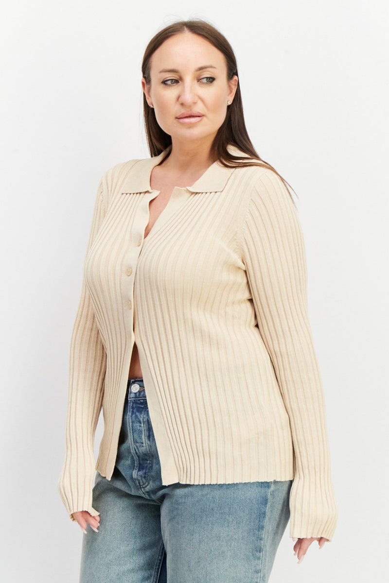 Women Spread Collar Long Sleeve Ribbed Top, Beige