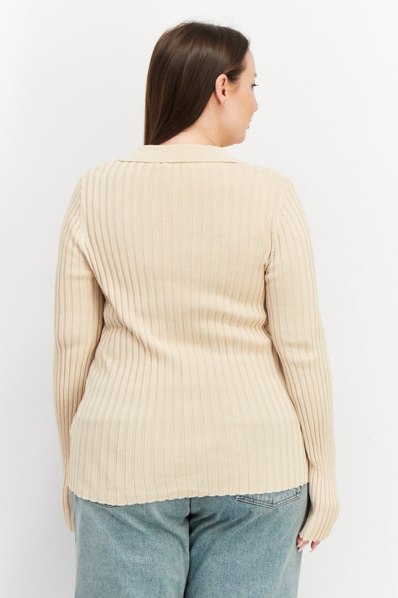 Women Spread Collar Long Sleeve Ribbed Top, Beige