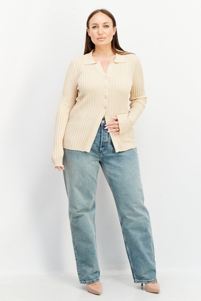 Women Spread Collar Long Sleeve Ribbed Top, Beige