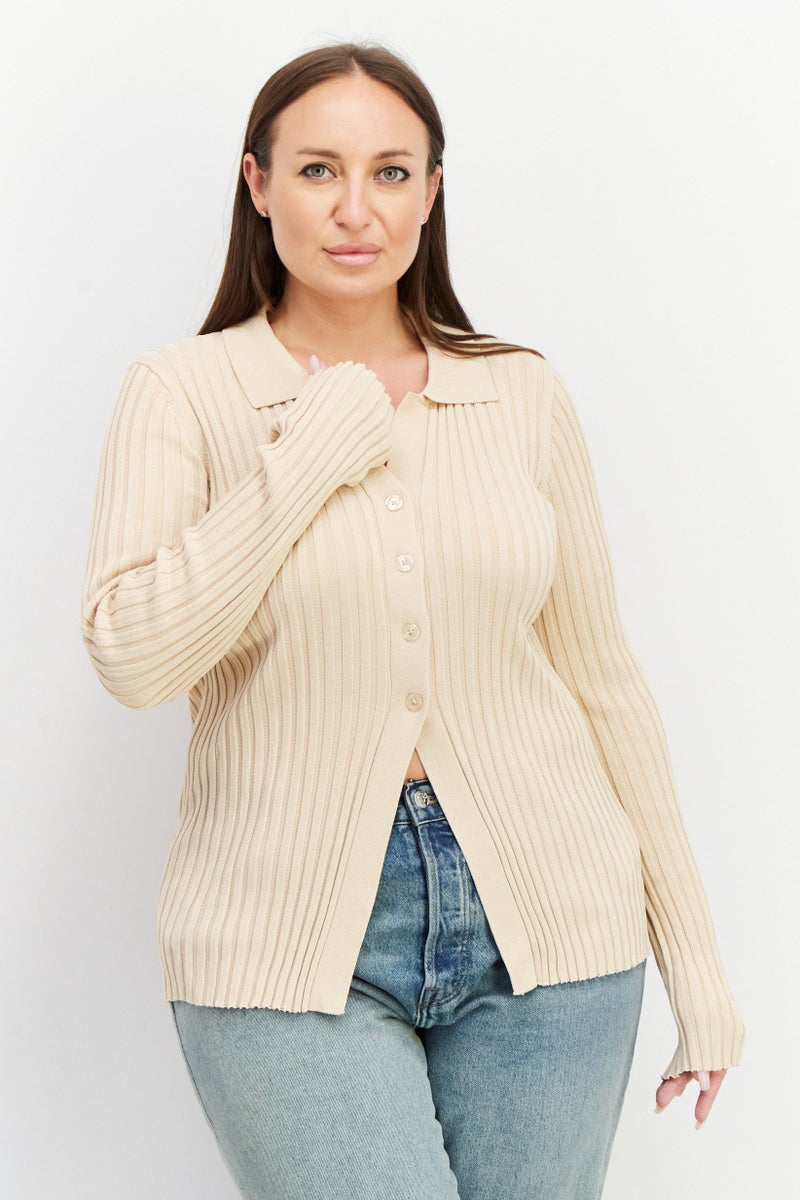 Women Spread Collar Long Sleeve Ribbed Top, Beige