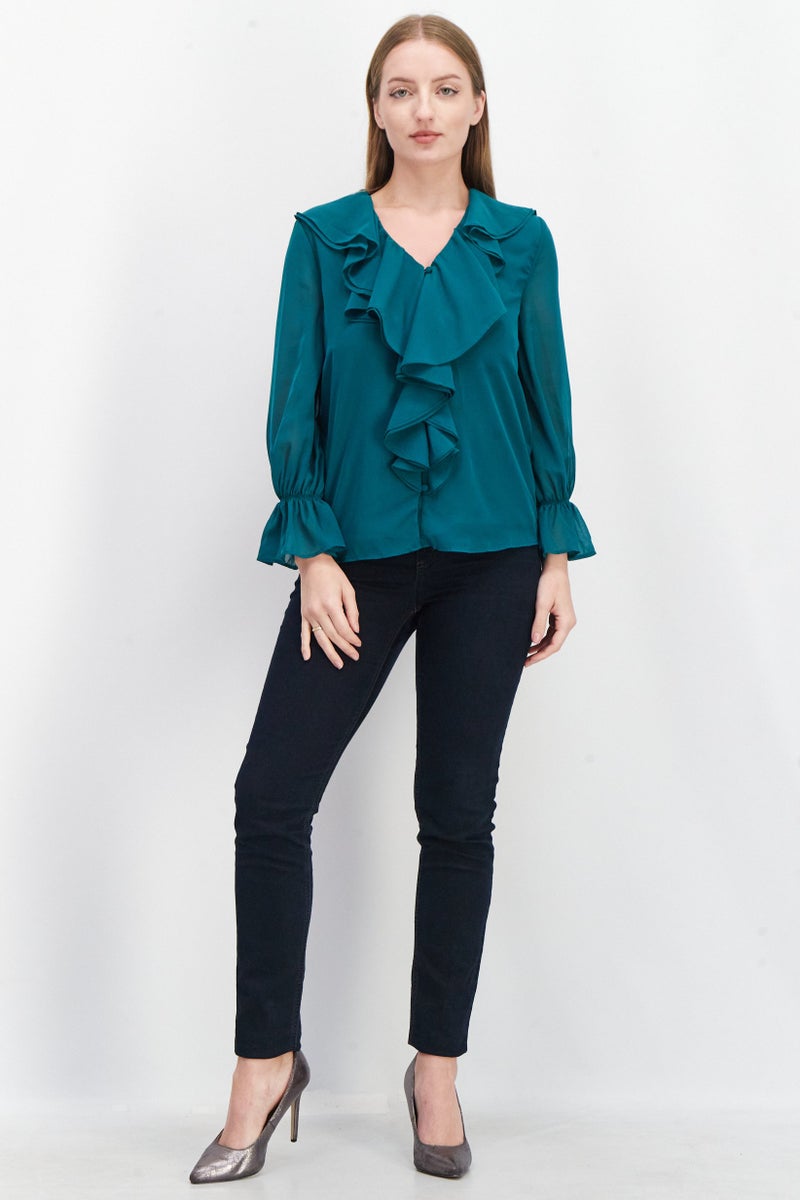 Women V-Neck Long Sleeve Ruffle Blouse, Green