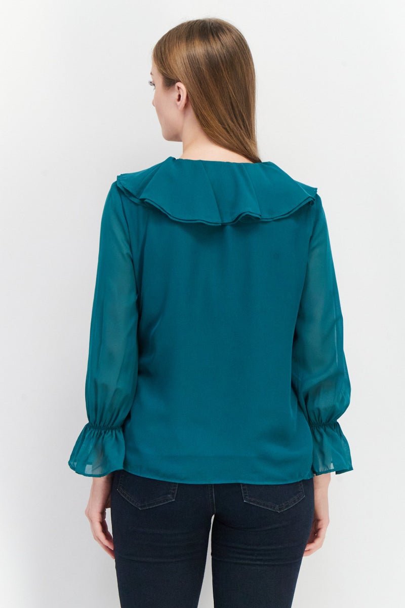 Women V-Neck Long Sleeve Ruffle Blouse, Green