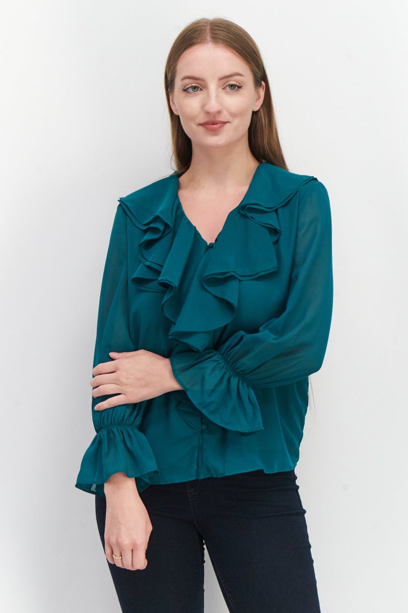 Women V-Neck Long Sleeve Ruffle Blouse, Green