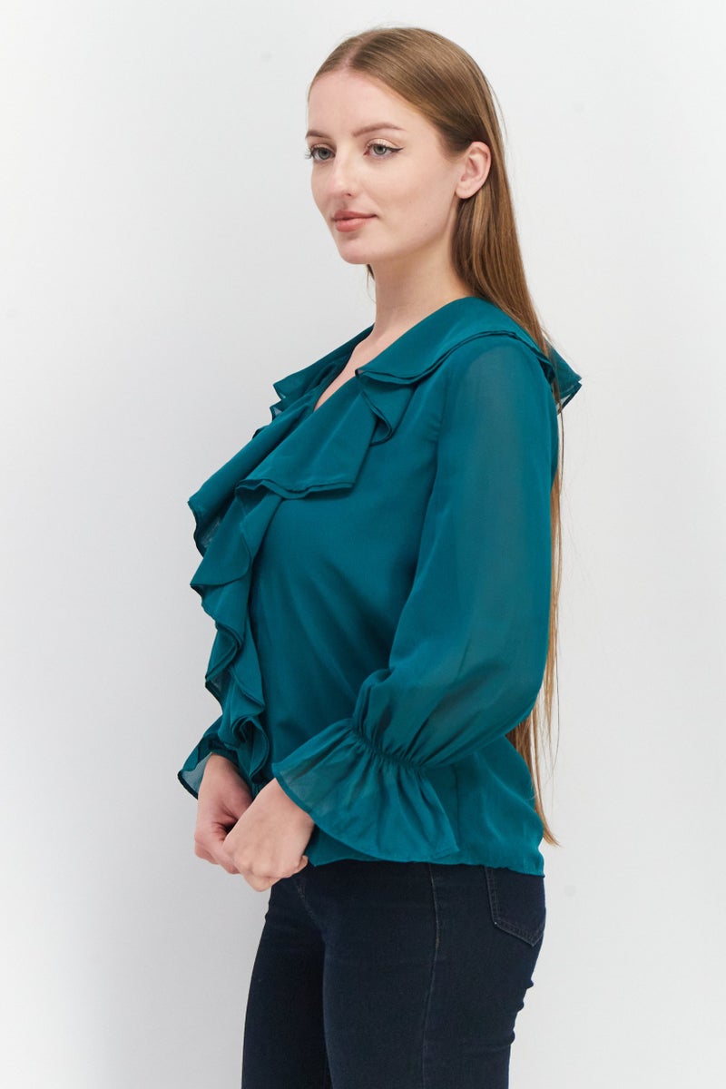 Women V-Neck Long Sleeve Ruffle Blouse, Green