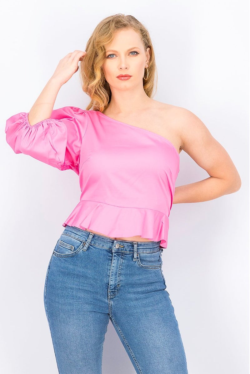 Women One Shoulder Top, Fuschia