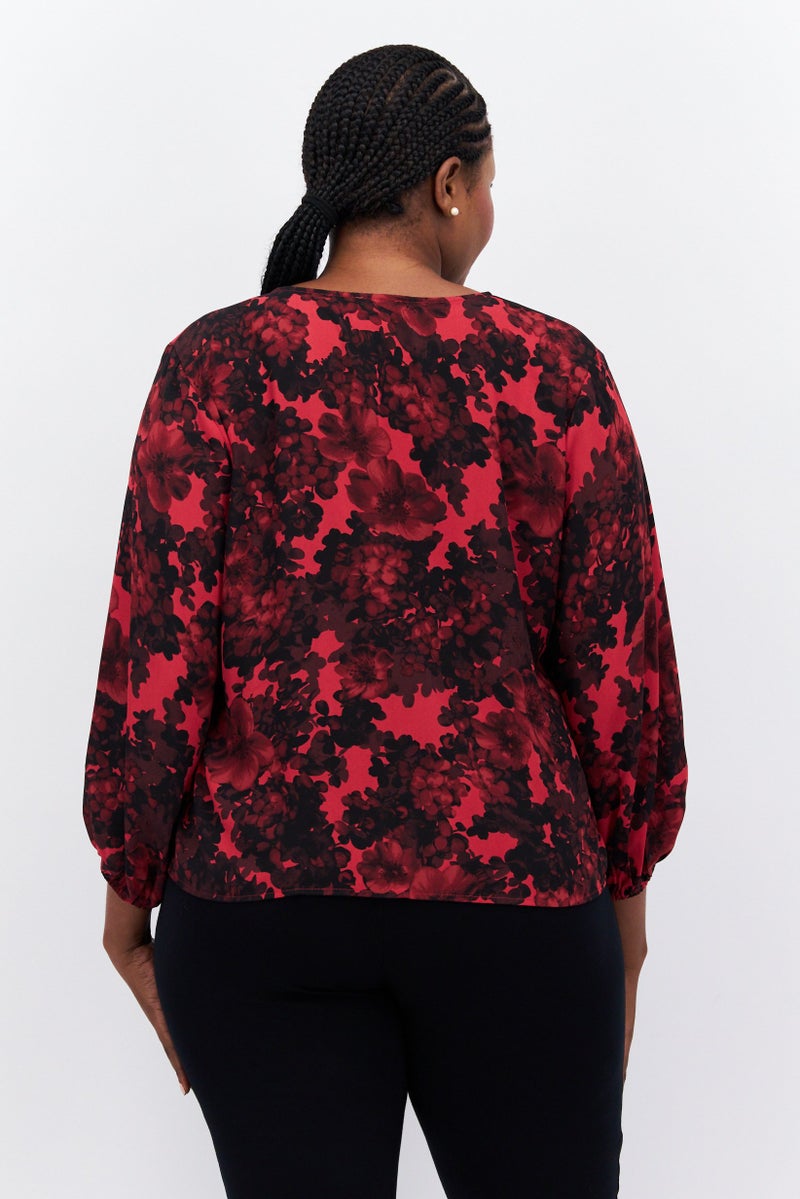 Women Plus Size V-Neck Long Sleeves Floral Print Blouse, Red
