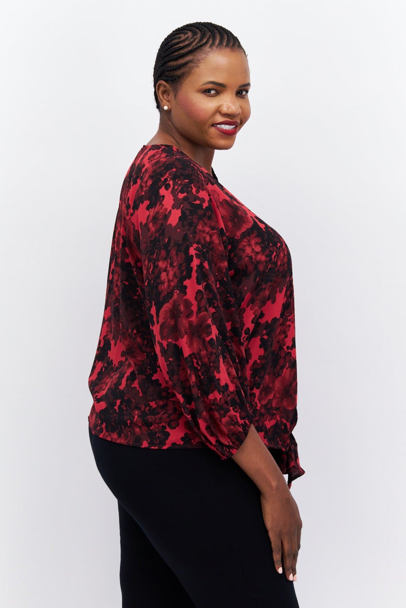 Women Plus Size V-Neck Long Sleeves Floral Print Blouse, Red