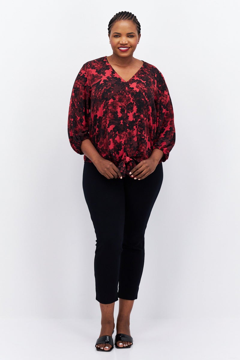 Women Plus Size V-Neck Long Sleeves Floral Print Blouse, Red