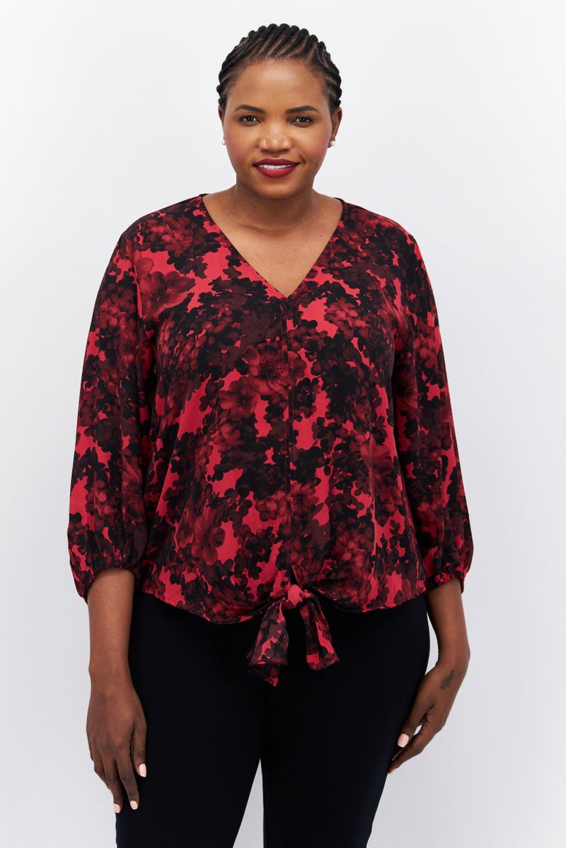 Women Plus Size V-Neck Long Sleeves Floral Print Blouse, Red