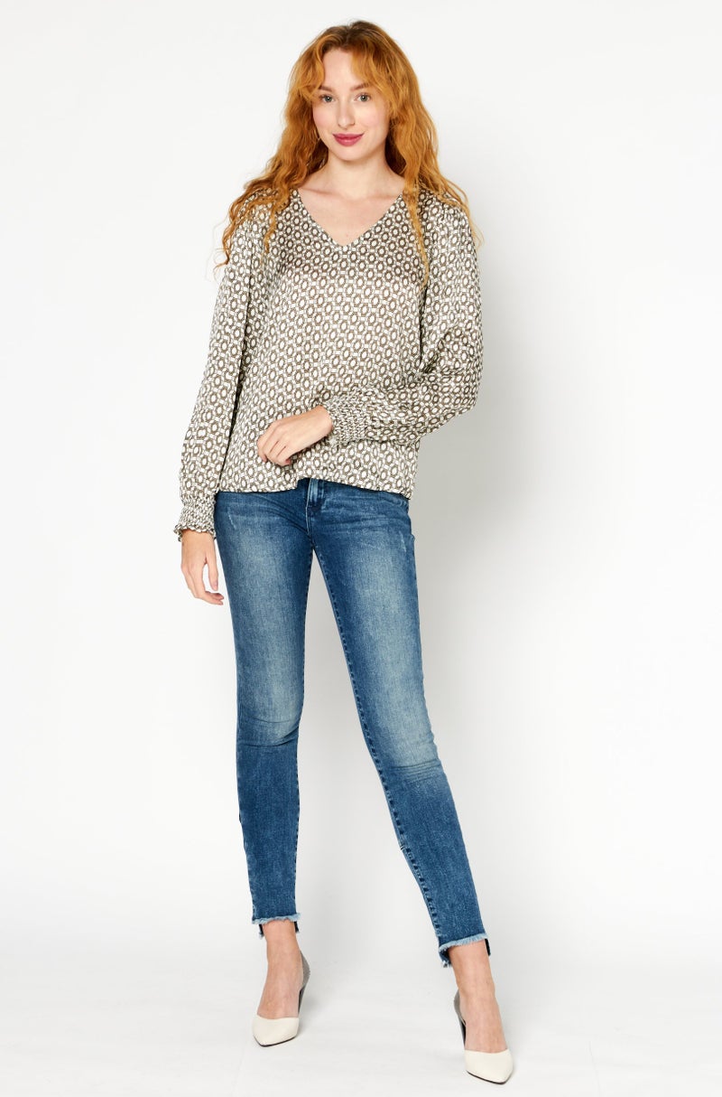 Women V Neck Long Sleeve Allover Print Top, Beige Combo