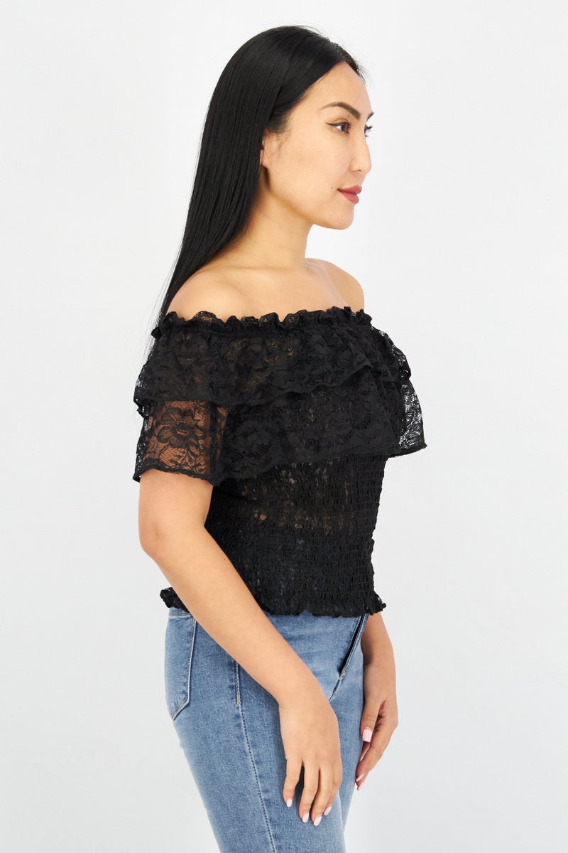 Women Off Shoulder Short Sleeves Eyelet Blouse, Black