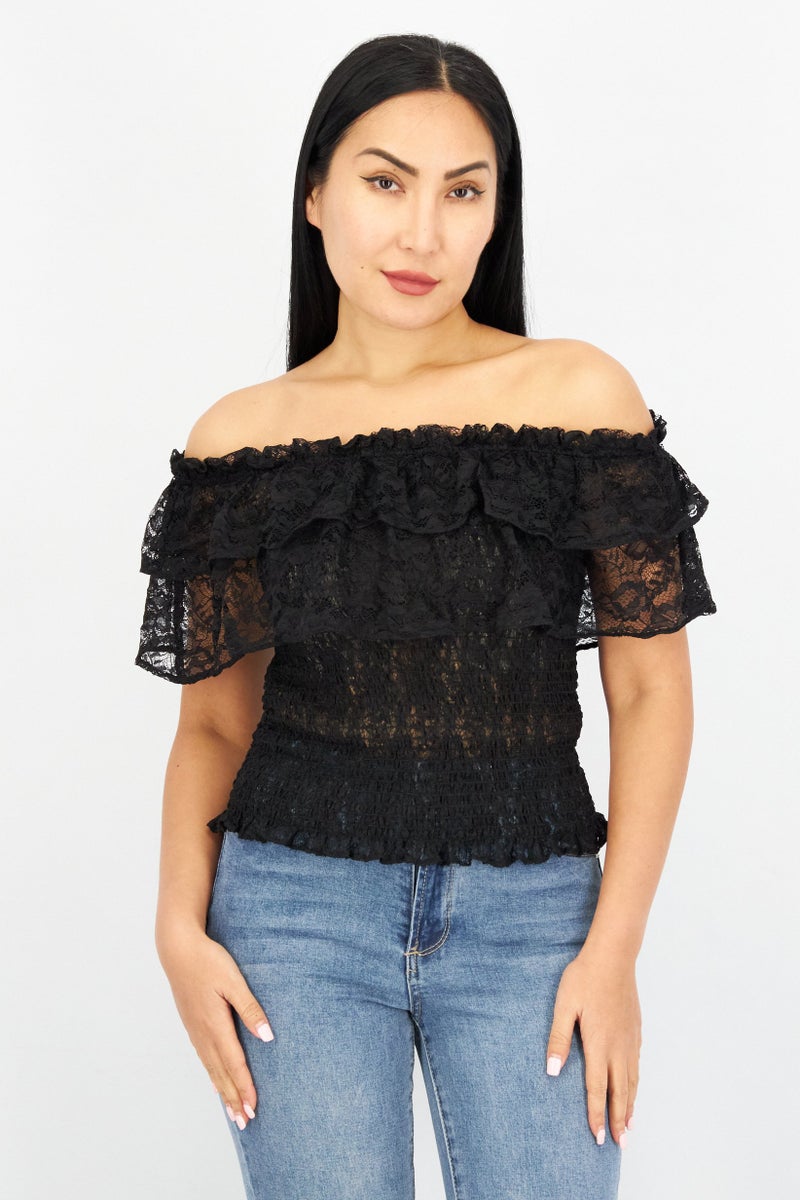 Women Off Shoulder Short Sleeves Eyelet Blouse, Black