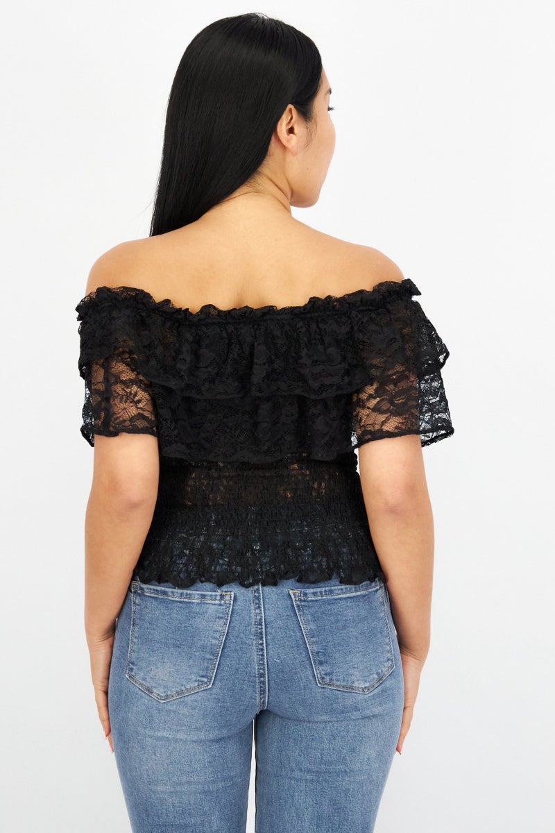 Women Off Shoulder Short Sleeves Eyelet Blouse, Black