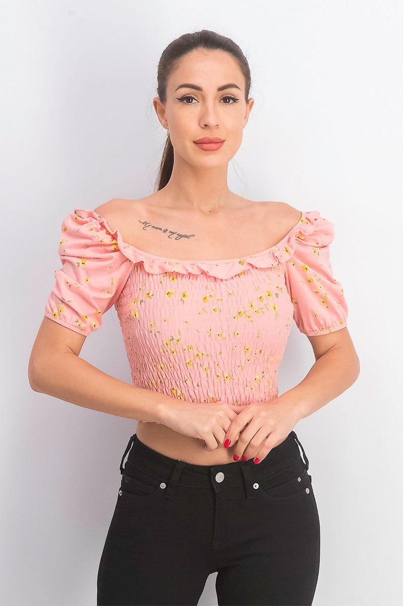 Women Petites Ruffle Neck Short Sleeve Floral Top, Pink