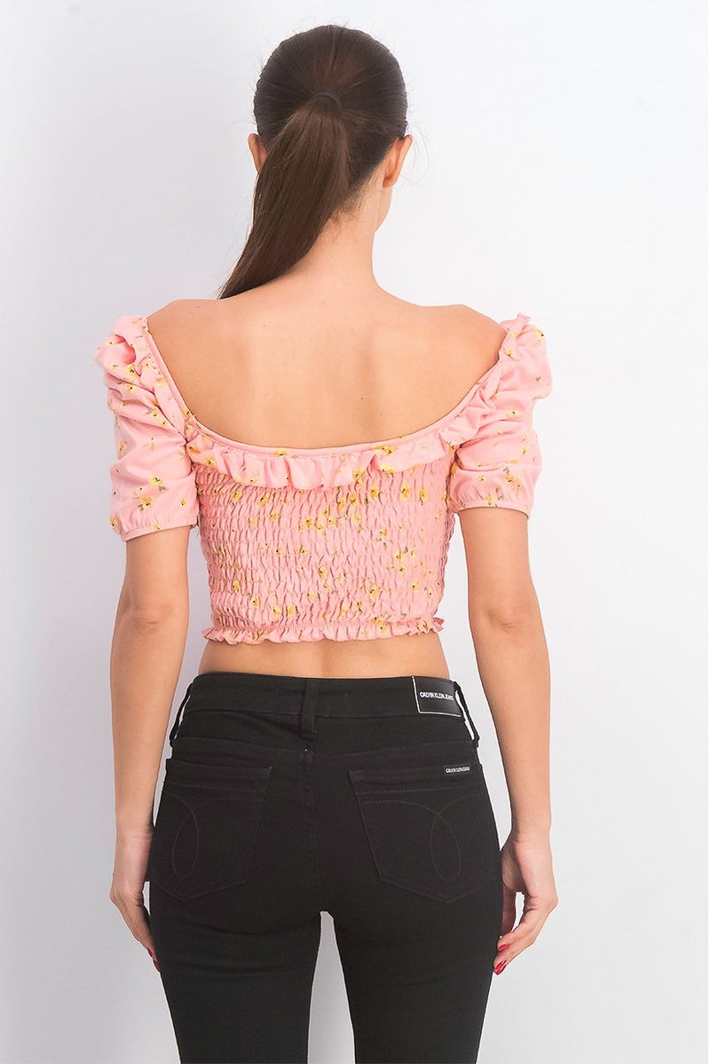 Women Petites Ruffle Neck Short Sleeve Floral Top, Pink