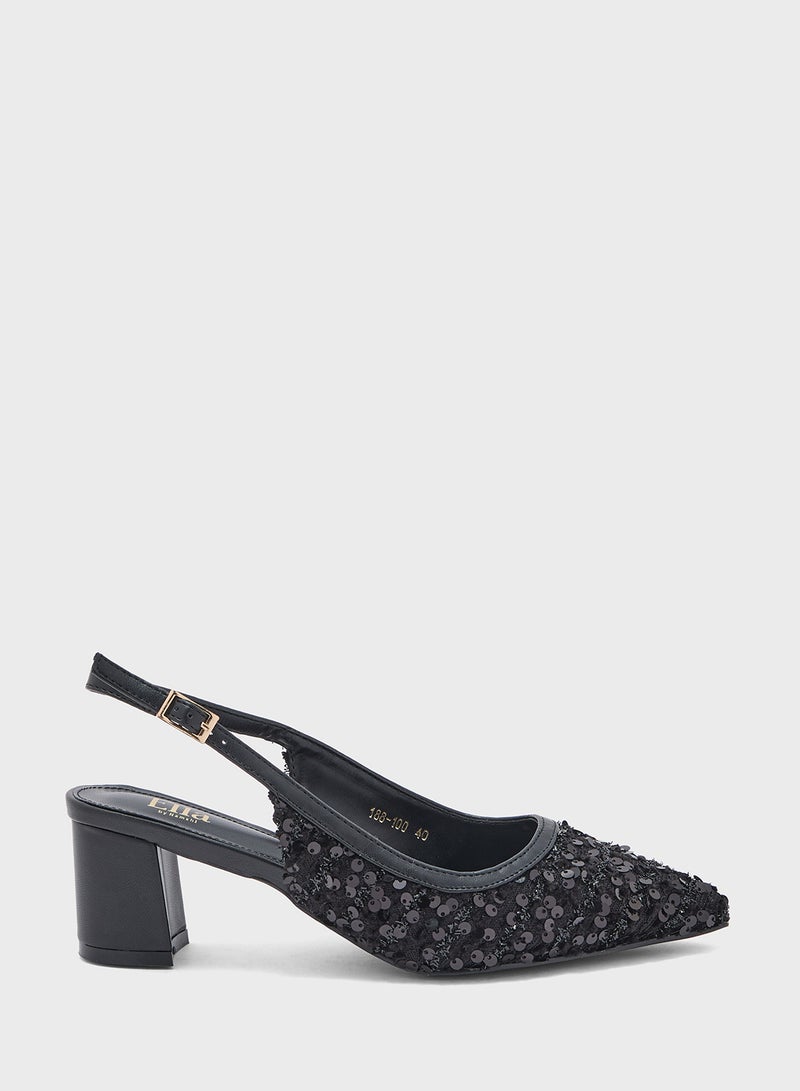 Sequined Block Heel Sling Back Pump