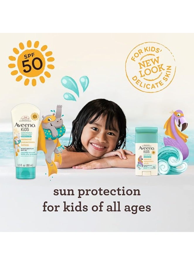 Aveeno Kids Continuous Protection Zinc Oxide Mineral Sunscreen Stick for Sensitive Skin, Face & Body with Broad Spectrum SPF 50, 1.5 oz