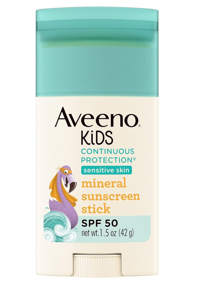 Aveeno Kids Continuous Protection Zinc Oxide Mineral Sunscreen Stick for Sensitive Skin, Face & Body with Broad Spectrum SPF 50, 1.5 oz