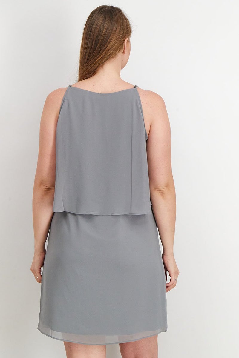 Women Woven Sleeveless Mini Dress, Grey