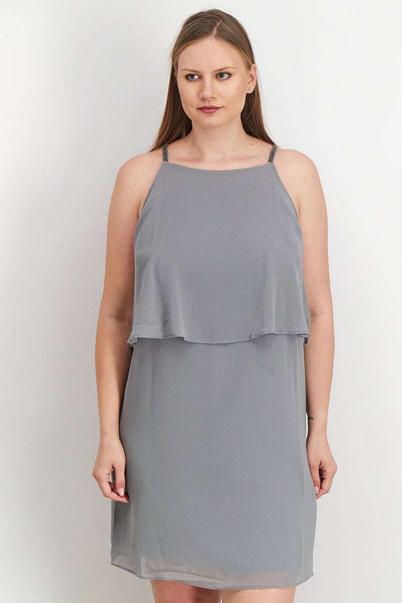 Women Woven Sleeveless Mini Dress, Grey