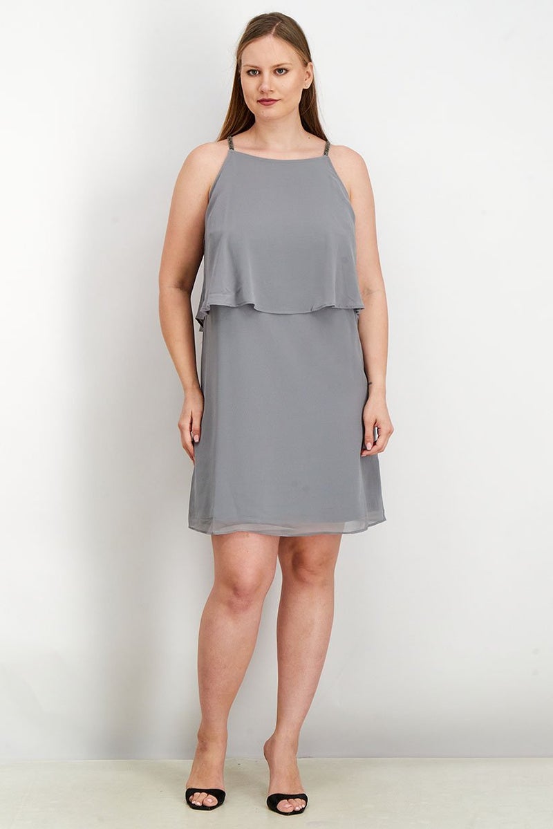 Women Woven Sleeveless Mini Dress, Grey