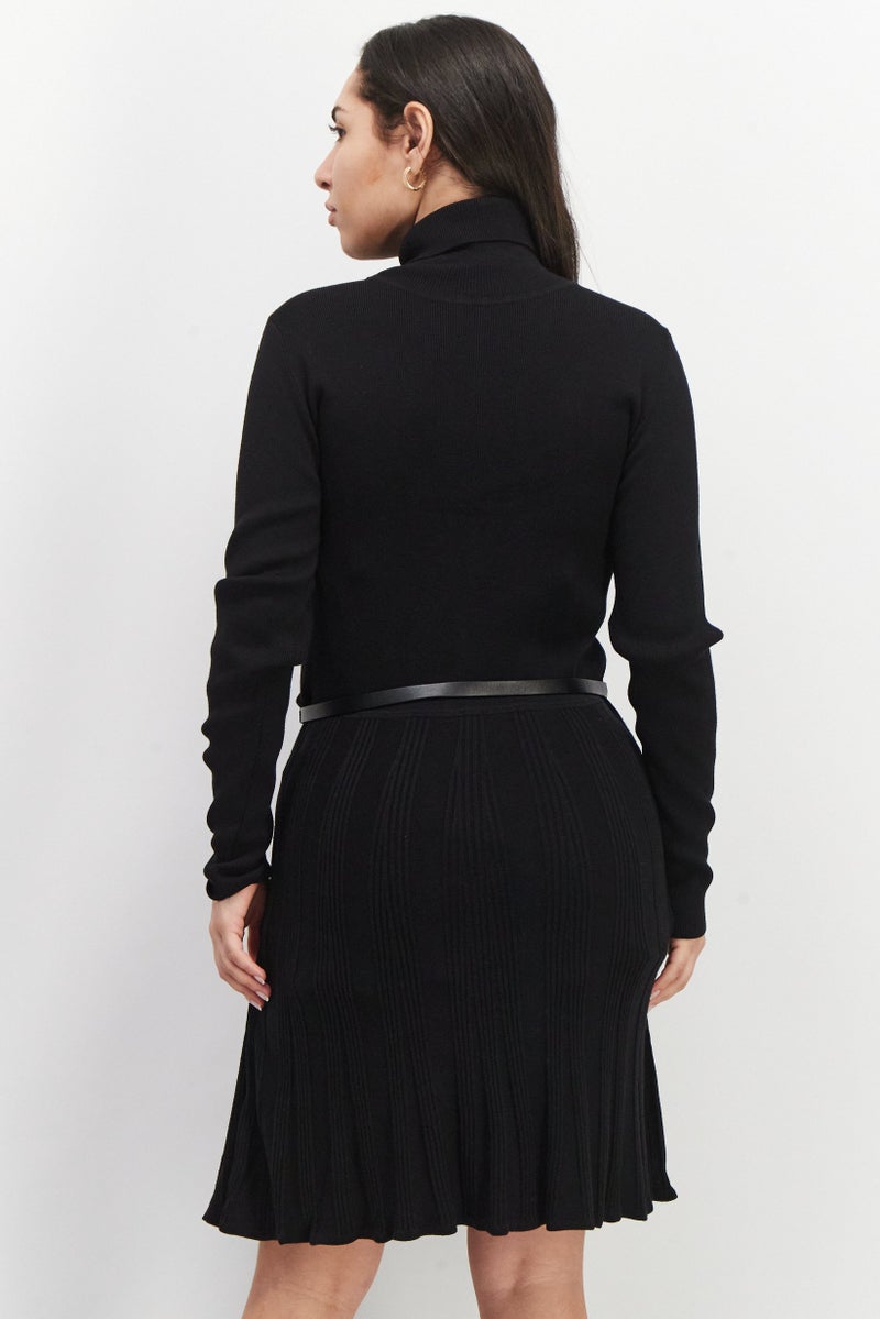 Women Belted Knitted Sweater Dress, Black