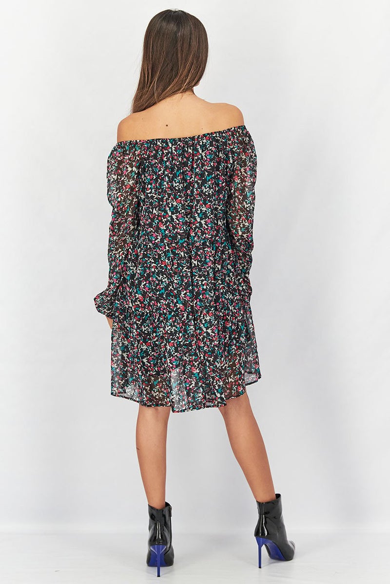 Women Off Shoulder Long Sleeve Floral Print Mini Dress, Black Combo