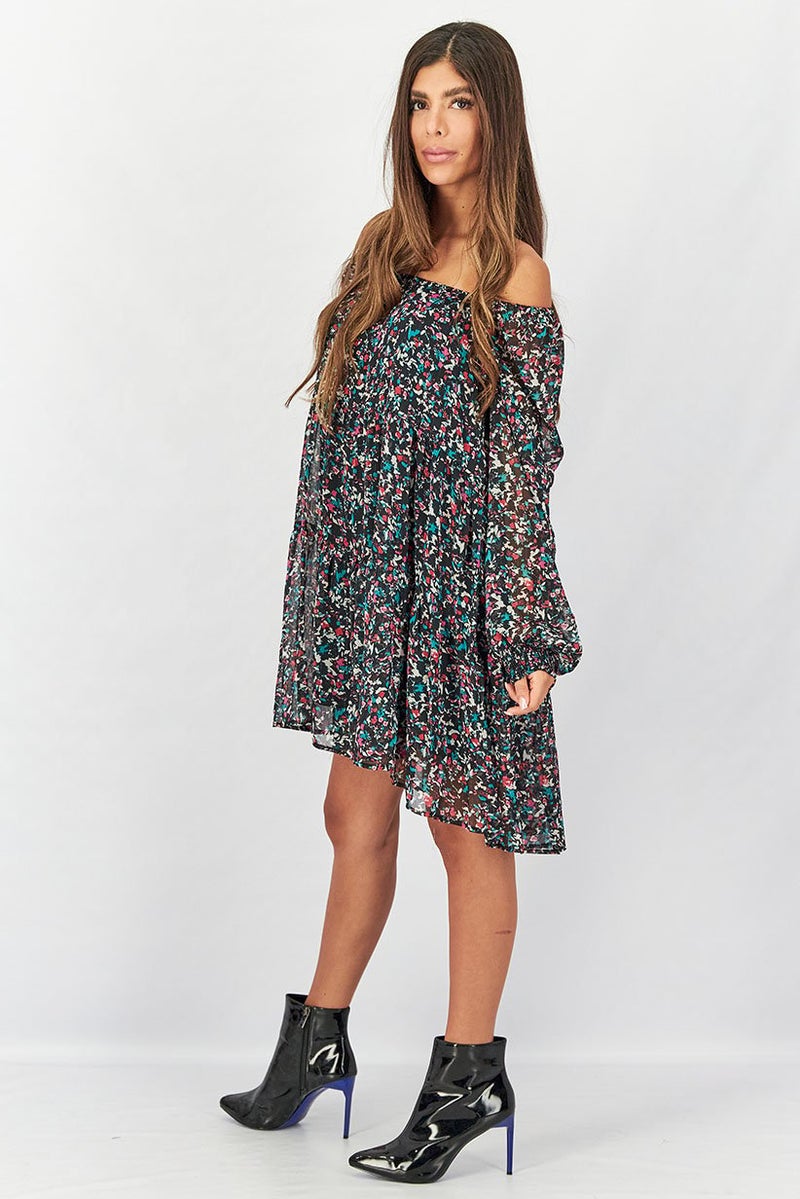 Women Off Shoulder Long Sleeve Floral Print Mini Dress, Black Combo