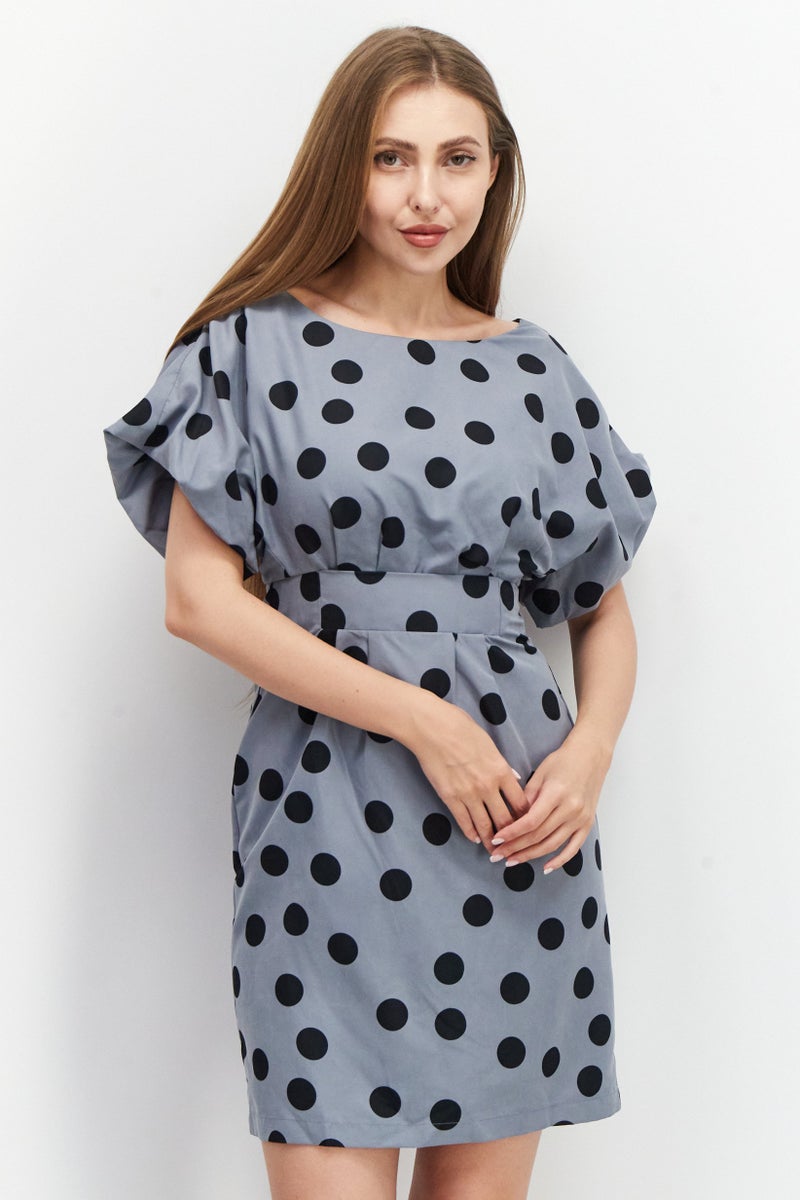 Women Polka Dots Mini Dress, Grey/Black