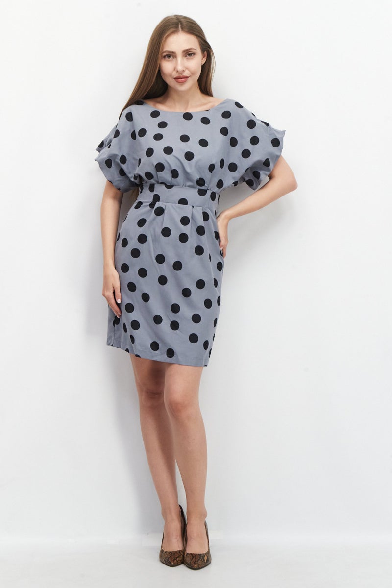 Women Polka Dots Mini Dress, Grey/Black