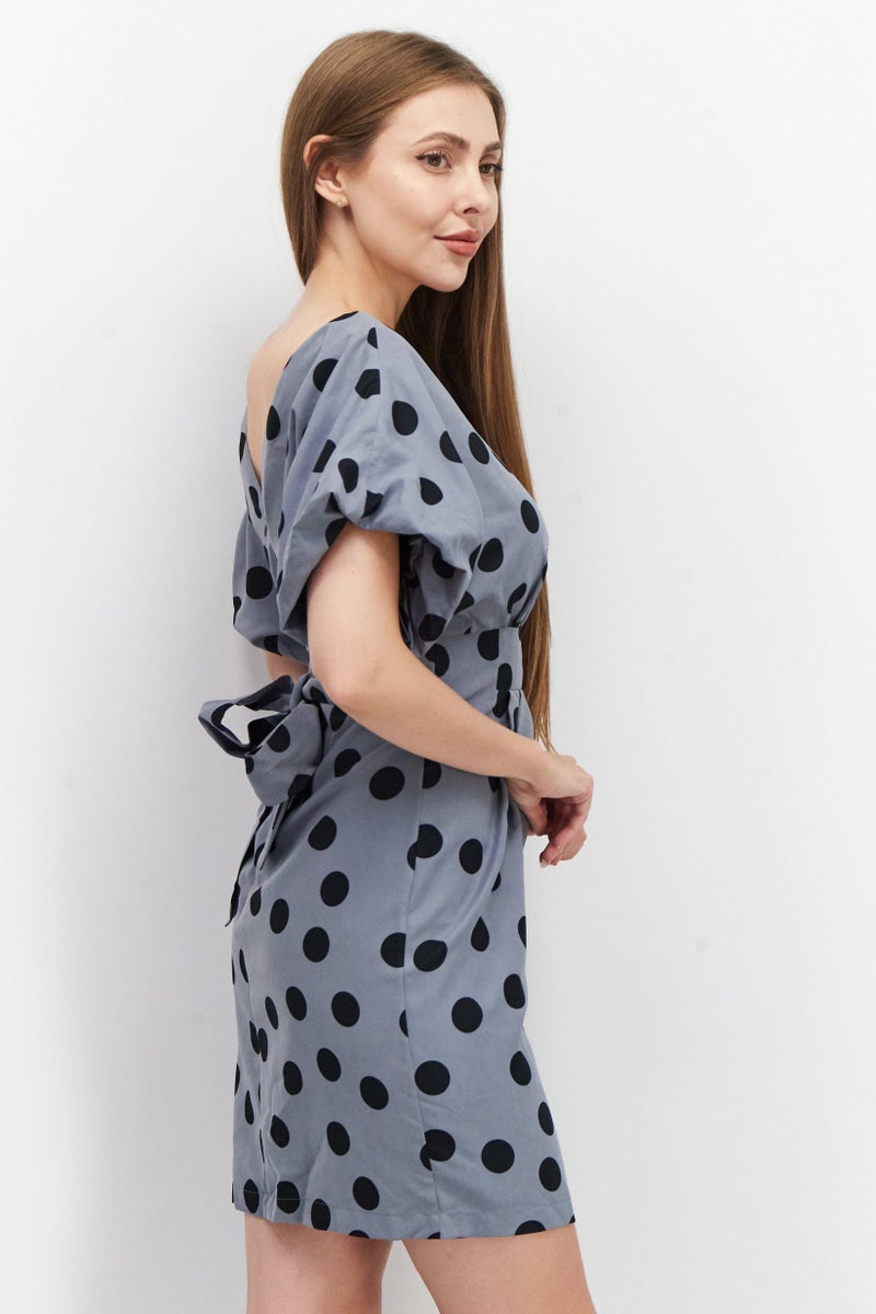 Women Polka Dots Mini Dress, Grey/Black