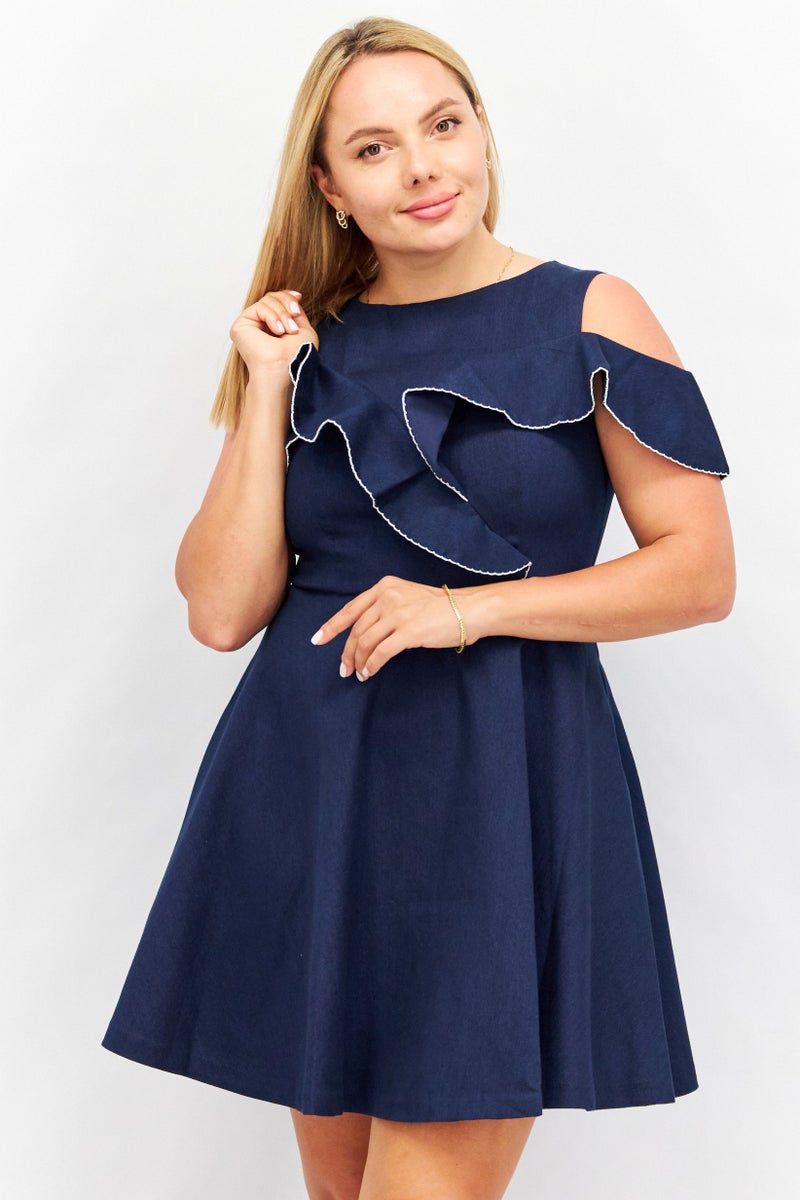 Women Plain Casual Mini Dress, Navy