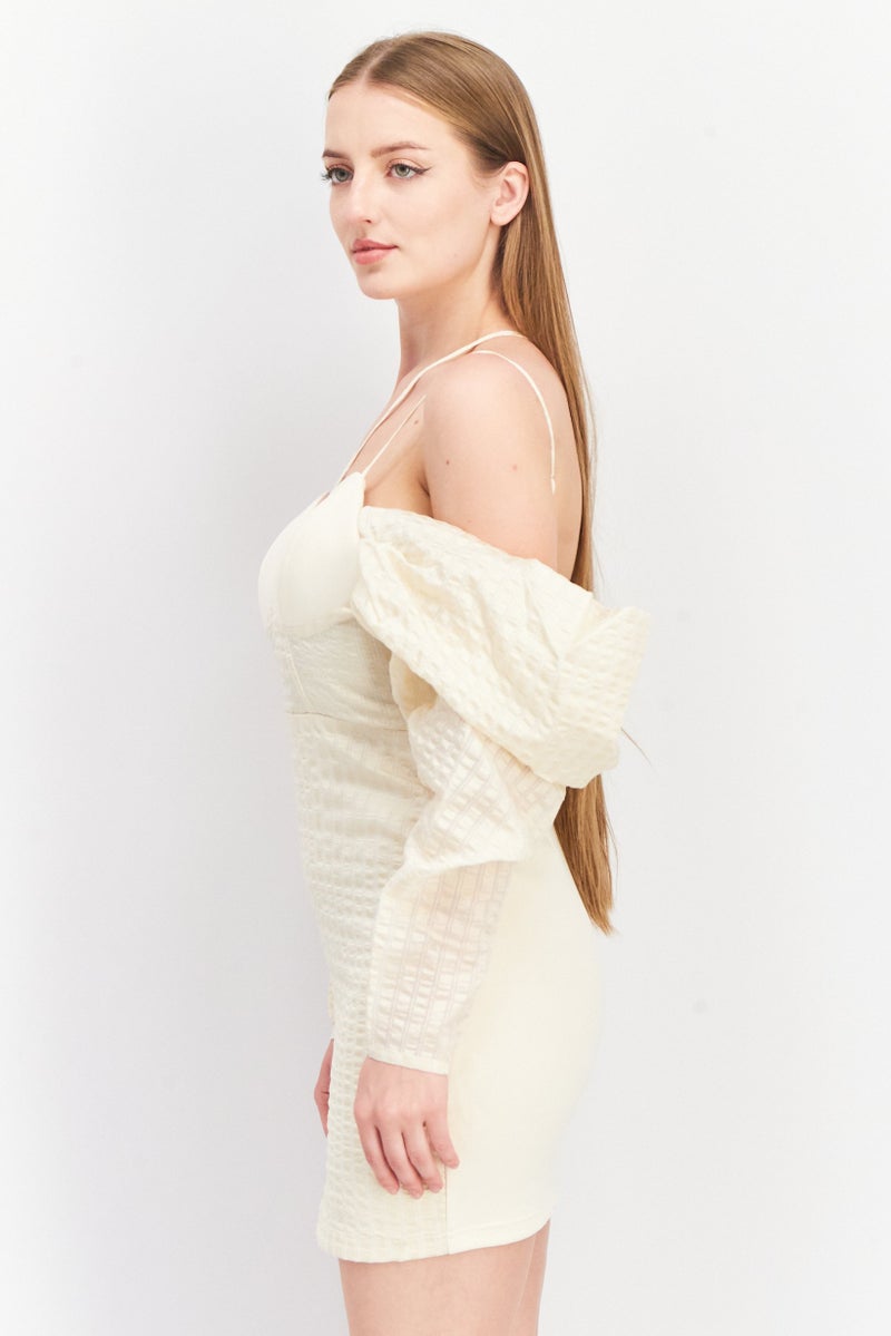 Women Pleated Puff Sleeve Mini Dress, Beige