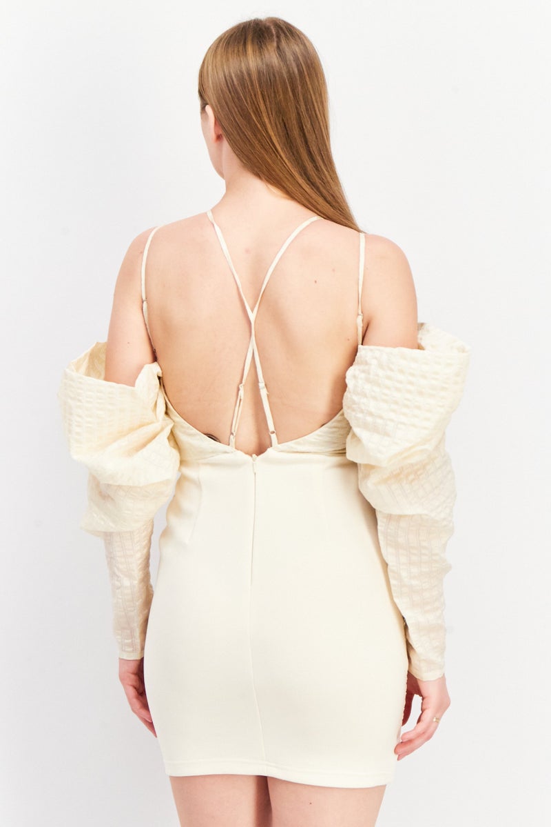 Women Pleated Puff Sleeve Mini Dress, Beige