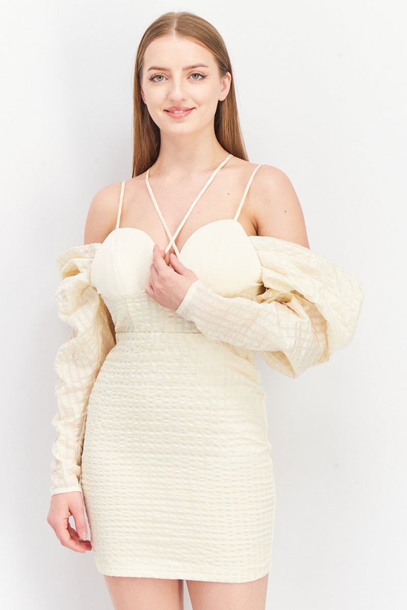 Women Pleated Puff Sleeve Mini Dress, Beige