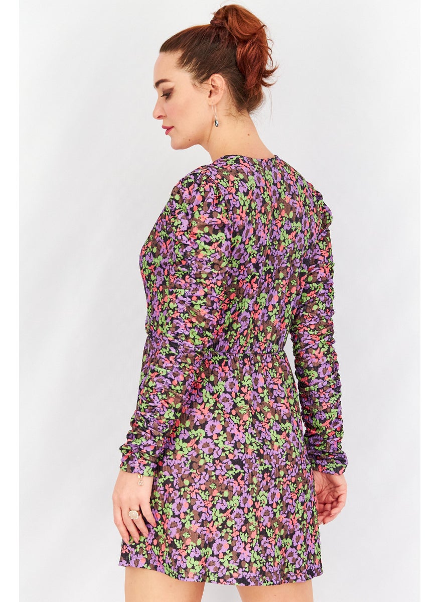 Women Allover Print Long Sleeves Mini Dress, Purple