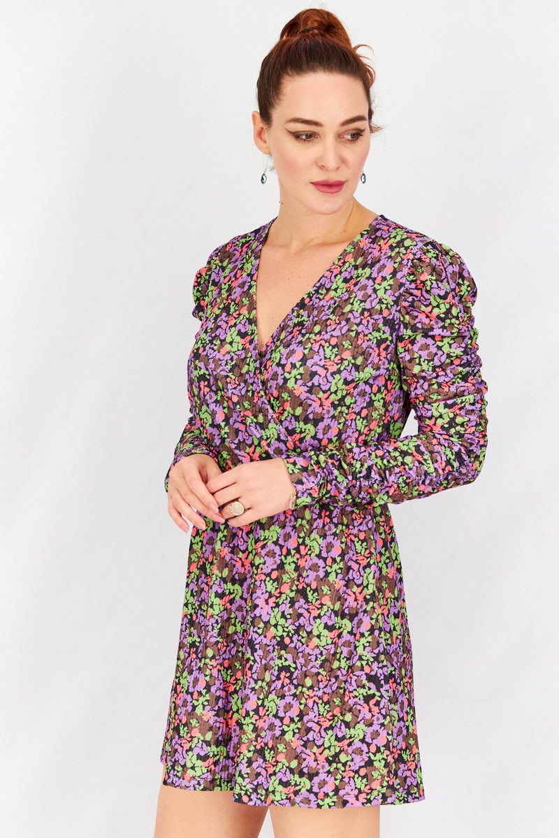 Women Allover Print Long Sleeves Mini Dress, Purple/Green Combo