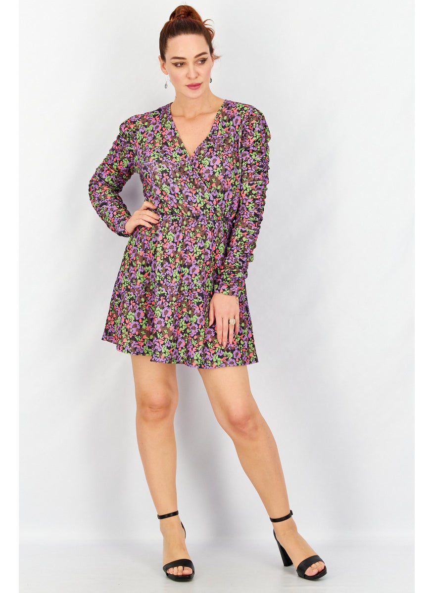 Women Allover Print Long Sleeves Mini Dress, Purple