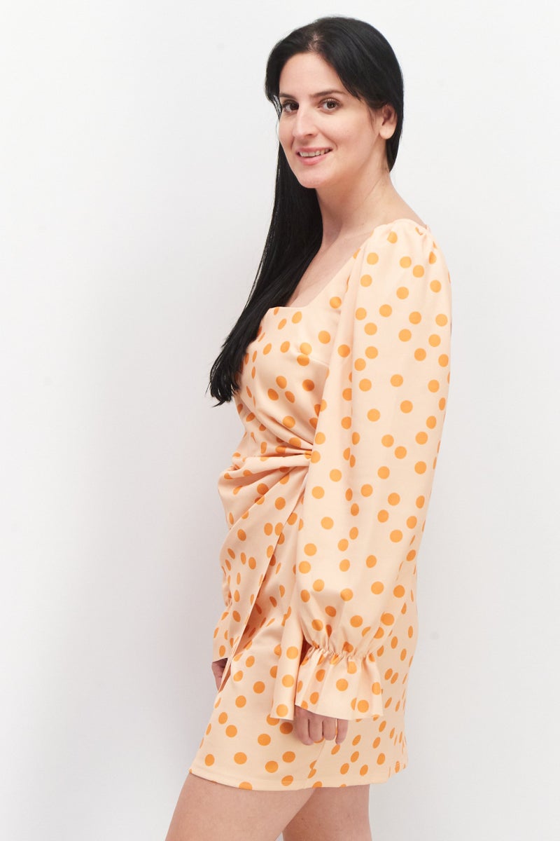 Women Curve Polka Dots Square Neck Mini Dress, Light Orange