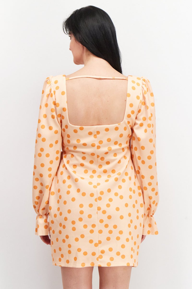 Women Curve Polka Dots Square Neck Mini Dress, Light Orange