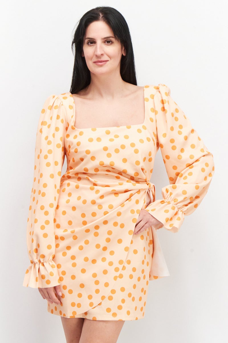 Women Curve Polka Dots Square Neck Mini Dress, Light Orange